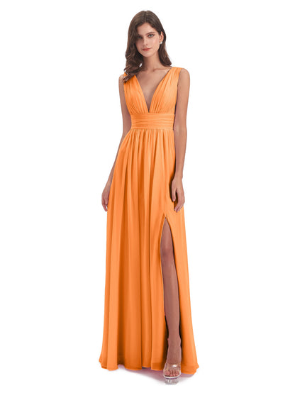 Emma Floor Length V Neck Split Chiffon Bridesmaid Dresses