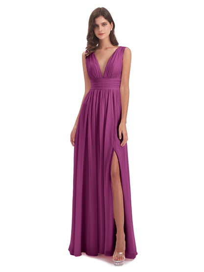 Emma Floor Length V Neck Split Chiffon Bridesmaid Dresses