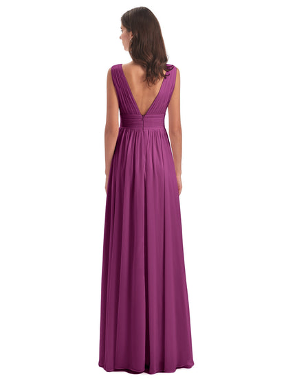 Emma Floor Length V Neck Split Chiffon Bridesmaid Dresses