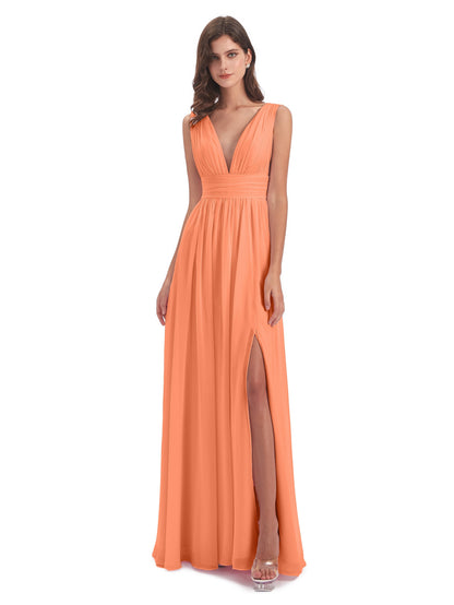 Emma Floor Length V Neck Split Chiffon Bridesmaid Dresses