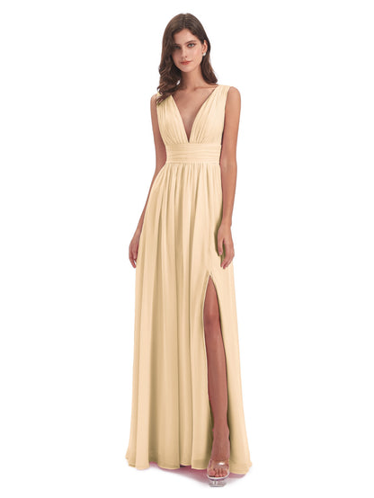 Emma Floor Length V Neck Split Chiffon Bridesmaid Dresses