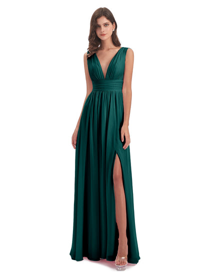 Emma Floor Length V Neck Split Chiffon Bridesmaid Dresses