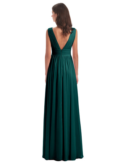 Emma Floor Length V Neck Split Chiffon Bridesmaid Dresses