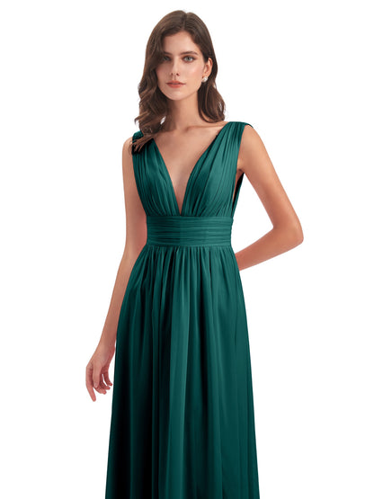 Emma Floor Length V Neck Split Chiffon Bridesmaid Dresses
