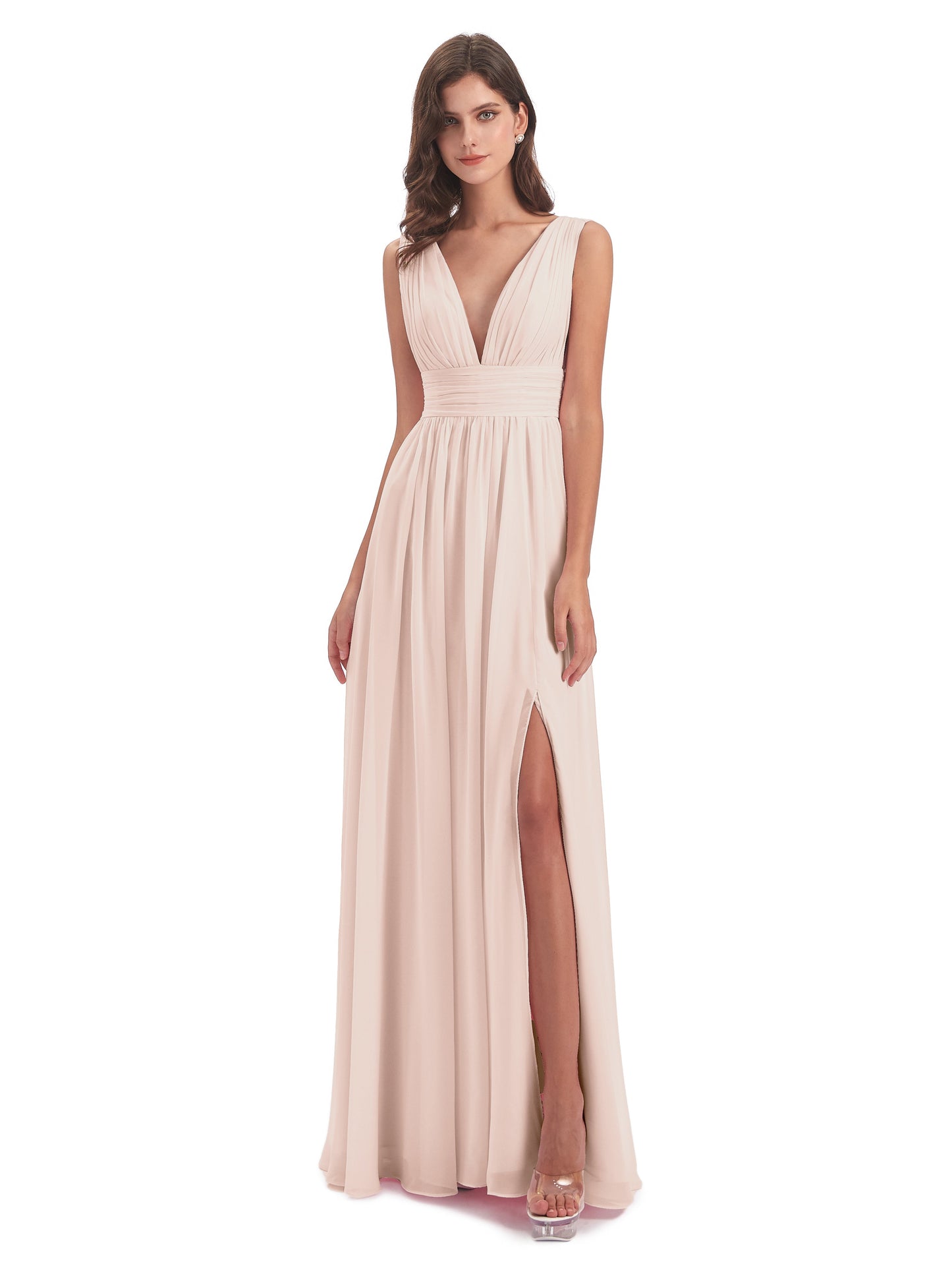 Emma Floor Length V Neck Split Chiffon Bridesmaid Dresses