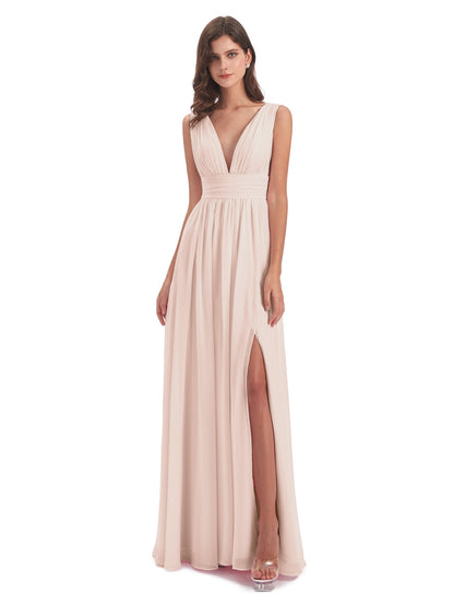 Emma Floor Length V Neck Split Chiffon Bridesmaid Dresses