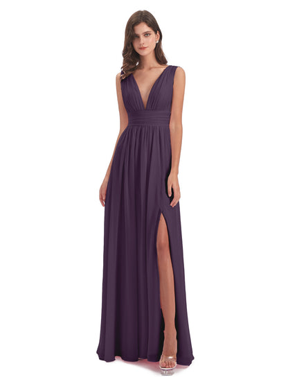 Emma Floor Length V Neck Split Chiffon Bridesmaid Dresses