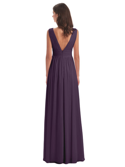 Emma Floor Length V Neck Split Chiffon Bridesmaid Dresses