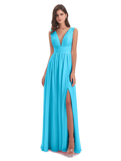 Emma Floor Length V Neck Split Chiffon Bridesmaid Dresses