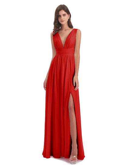 Emma Floor Length V Neck Split Chiffon Bridesmaid Dresses