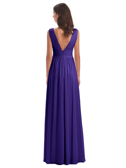 Emma Floor Length V Neck Split Chiffon Bridesmaid Dresses