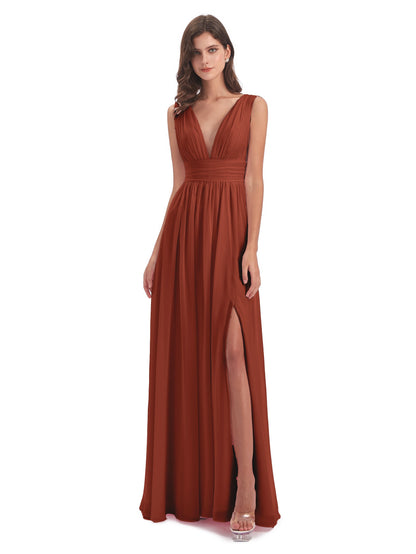 Emma Floor Length V Neck Split Chiffon Bridesmaid Dresses