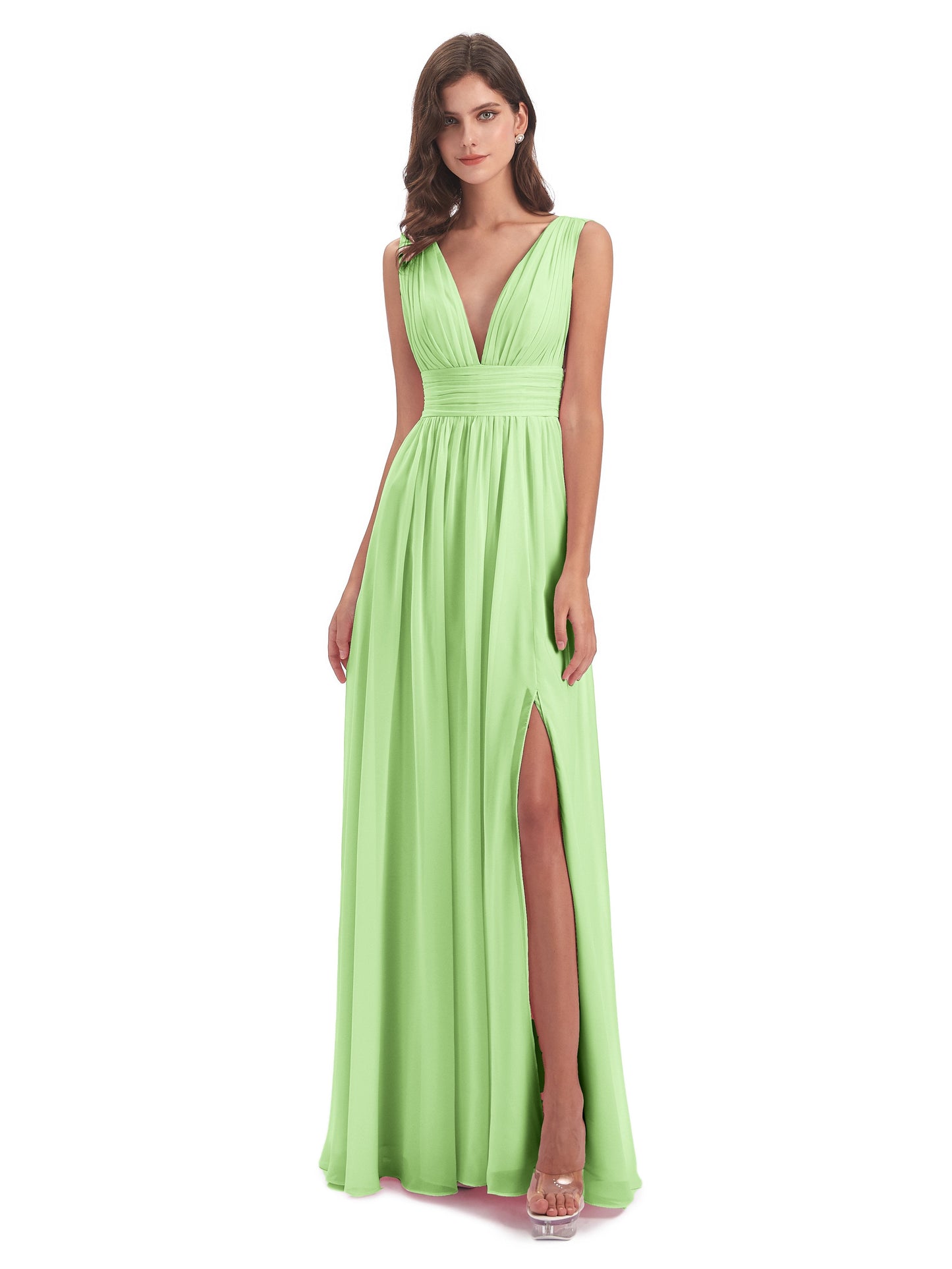 Emma Floor Length V Neck Split Chiffon Bridesmaid Dresses