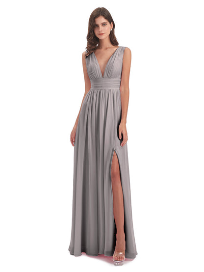 Emma Floor Length V Neck Split Chiffon Bridesmaid Dresses
