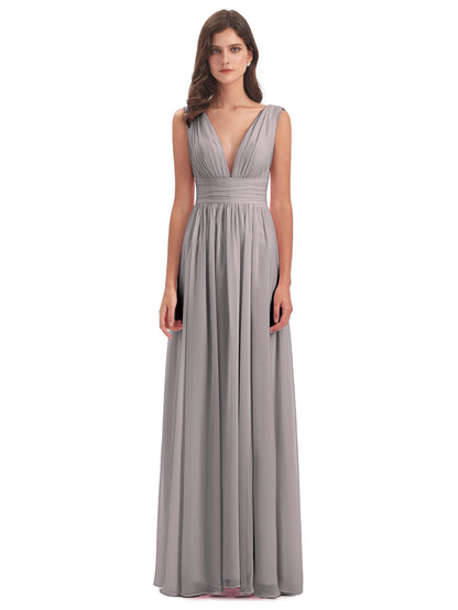 Emma Floor Length V Neck Split Chiffon Bridesmaid Dresses
