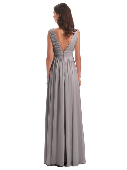 Emma Floor Length V Neck Split Chiffon Bridesmaid Dresses