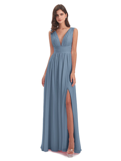 Emma Floor Length V Neck Split Chiffon Bridesmaid Dresses