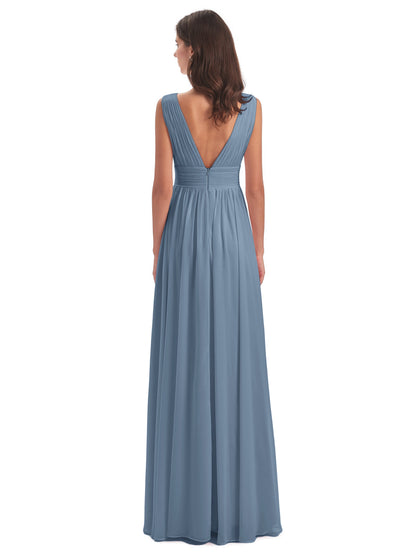 Emma Floor Length V Neck Split Chiffon Bridesmaid Dresses