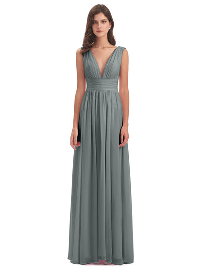 Emma Floor Length V Neck Split Chiffon Bridesmaid Dresses