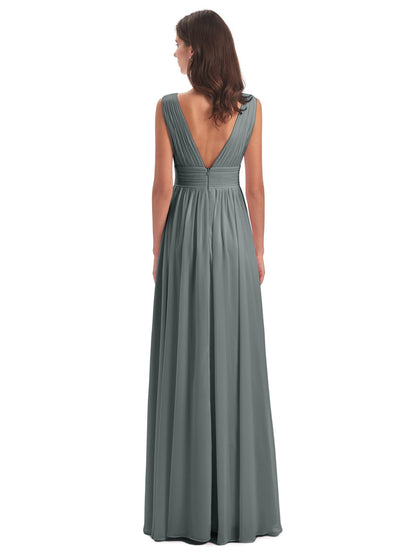 Emma Floor Length V Neck Split Chiffon Bridesmaid Dresses