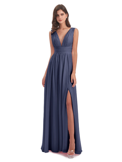 Emma Floor Length V Neck Split Chiffon Bridesmaid Dresses