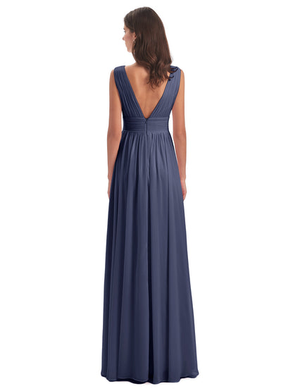 Emma Floor Length V Neck Split Chiffon Bridesmaid Dresses