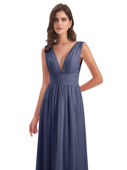 Emma Floor Length V Neck Split Chiffon Bridesmaid Dresses