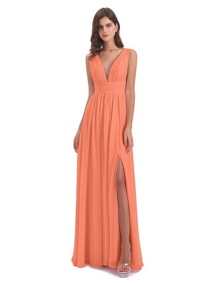 Emma Floor Length V Neck Split Chiffon Bridesmaid Dresses