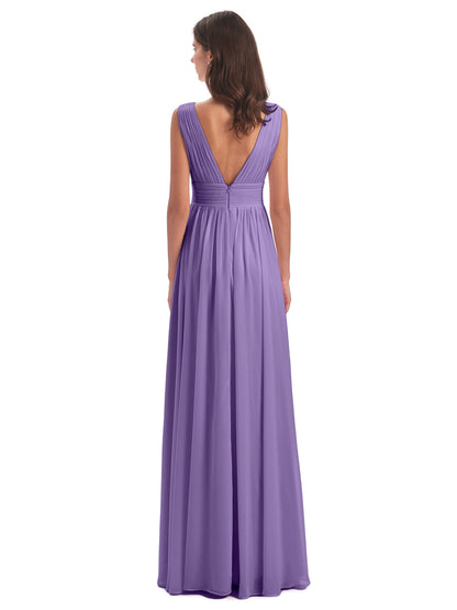 Emma Floor Length V Neck Split Chiffon Bridesmaid Dresses