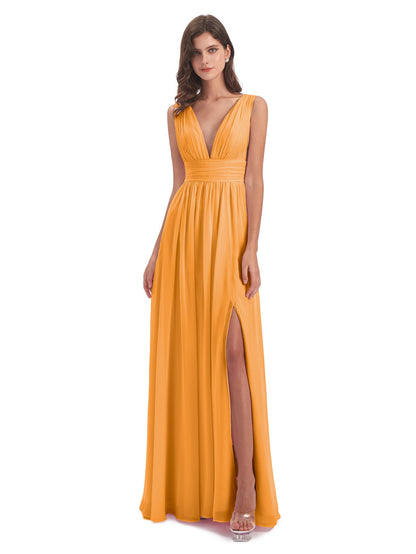 Emma Floor Length V Neck Split Chiffon Bridesmaid Dresses
