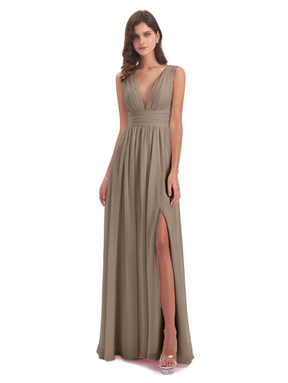 Emma Floor Length V Neck Split Chiffon Bridesmaid Dresses