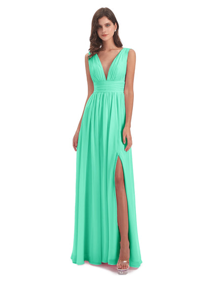 Emma Floor Length V Neck Split Chiffon Bridesmaid Dresses