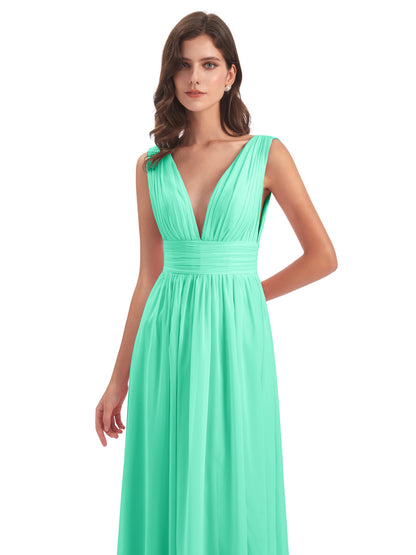 Emma Floor Length V Neck Split Chiffon Bridesmaid Dresses