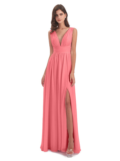 Emma Floor Length V Neck Split Chiffon Bridesmaid Dresses