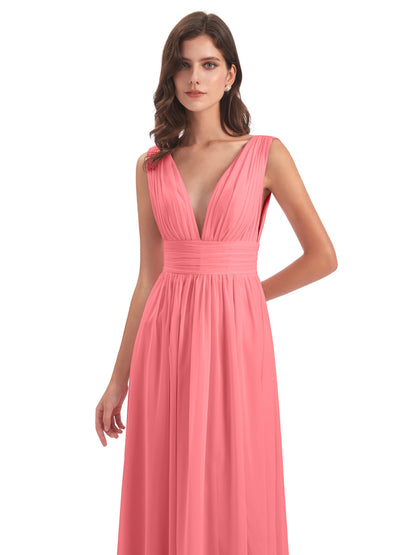 Emma Floor Length V Neck Split Chiffon Bridesmaid Dresses
