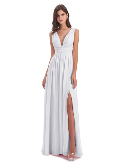 Emma Floor Length V Neck Split Chiffon Bridesmaid Dresses