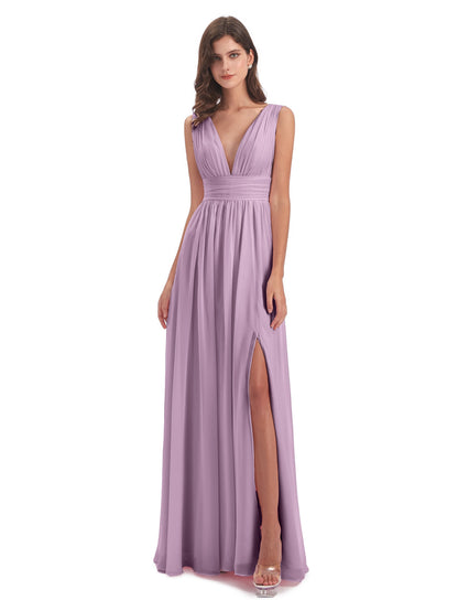 Emma Floor Length V Neck Split Chiffon Bridesmaid Dresses