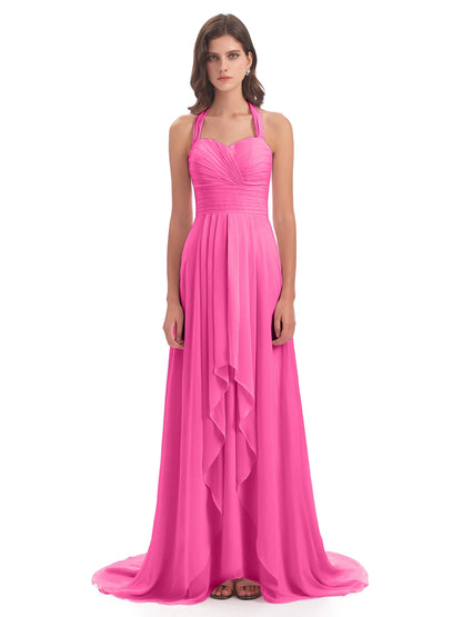 Ensley Court Train High-low Halter Chiffon Bridesmaid Dresses