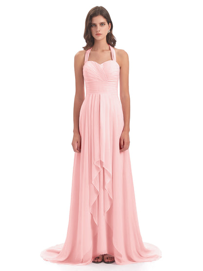 Ensley Court Train High-low Halter Chiffon Bridesmaid Dresses