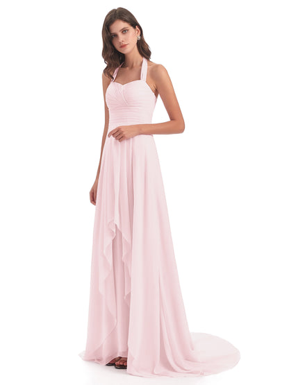 Ensley Court Train High-low Halter Chiffon Bridesmaid Dresses