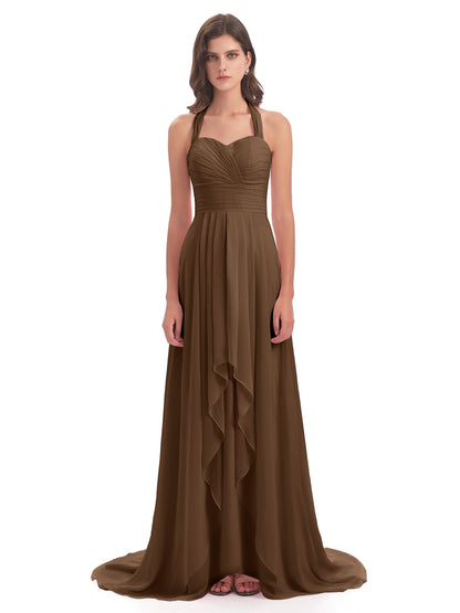 Ensley Court Train High-low Halter Chiffon Bridesmaid Dresses