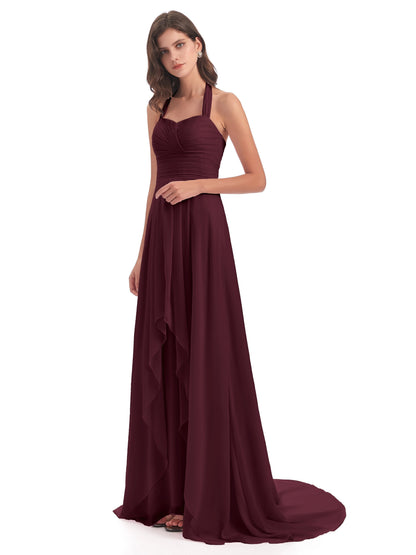 Ensley Court Train High-low Halter Chiffon Bridesmaid Dresses