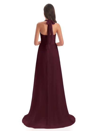 Ensley Court Train High-low Halter Chiffon Bridesmaid Dresses