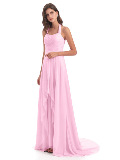 Ensley Court Train High-low Halter Chiffon Bridesmaid Dresses