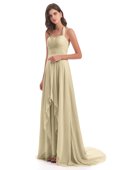 Ensley Court Train High-low Halter Chiffon Bridesmaid Dresses