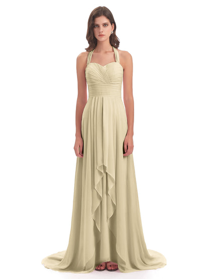 Ensley Court Train High-low Halter Chiffon Bridesmaid Dresses