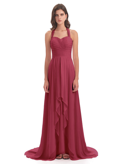 Ensley Court Train High-low Halter Chiffon Bridesmaid Dresses