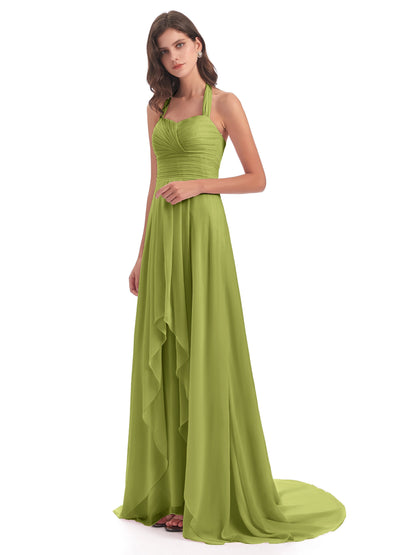 Ensley Court Train High-low Halter Chiffon Bridesmaid Dresses