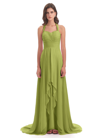 Ensley Court Train High-low Halter Chiffon Bridesmaid Dresses