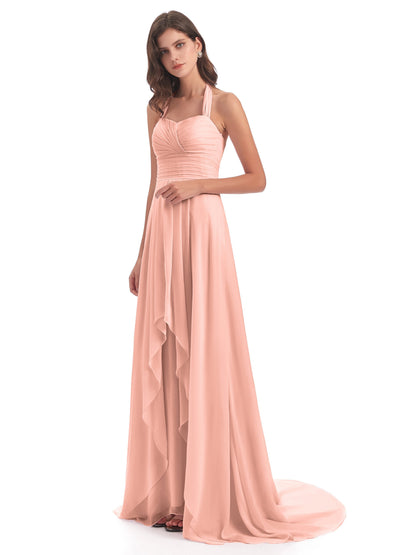 Ensley Court Train High-low Halter Chiffon Bridesmaid Dresses